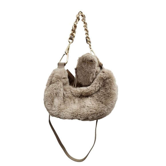 Steve Madden Faux Fur Shoulder Bag Crossbody Beige Plush Purse Gold Chain Strap - Picture 3 of 7